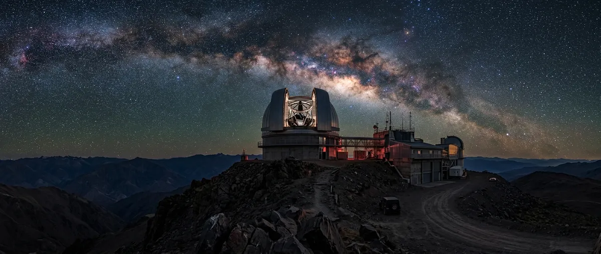 Gran observatorio astronómico en la cima de una montaña bajo un cielo estrellado.