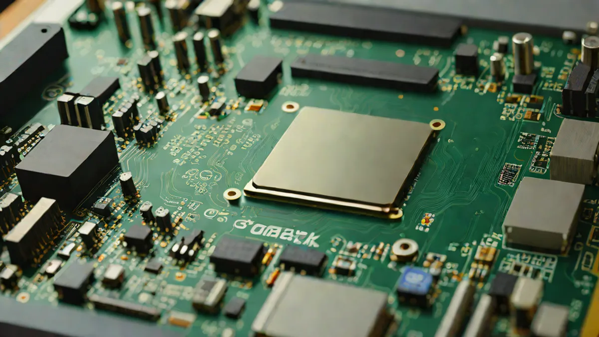 CPU chip on a motherboard in a computer desktop under natural light