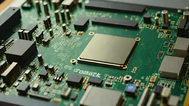 CPU chip on a motherboard in a computer desktop under natural light