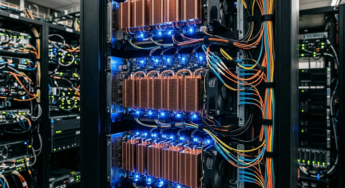 Servidores GPU de alto rendimiento en un centro de datos con luces LED y cables de fibra óptica.