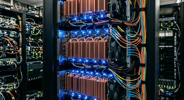 Servidores GPU de alto rendimiento en un centro de datos con luces LED y cables de fibra óptica.