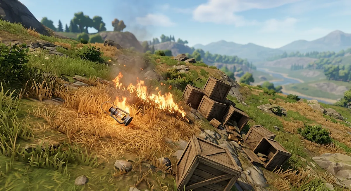 Escena de videojuego en 3D con sistemas de física y fuego interactuando en tiempo real en un entorno natural.