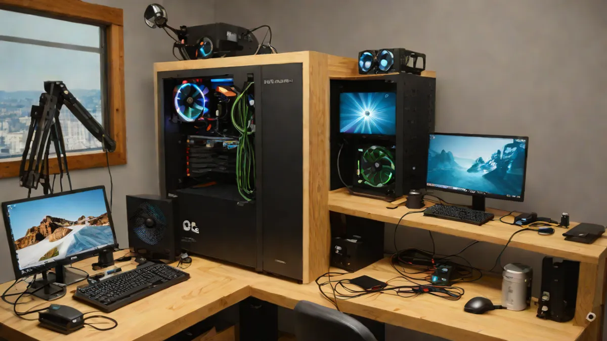 Modder trabajando en un taller sobre una caja de ordenador modificada con refrigeración líquida.