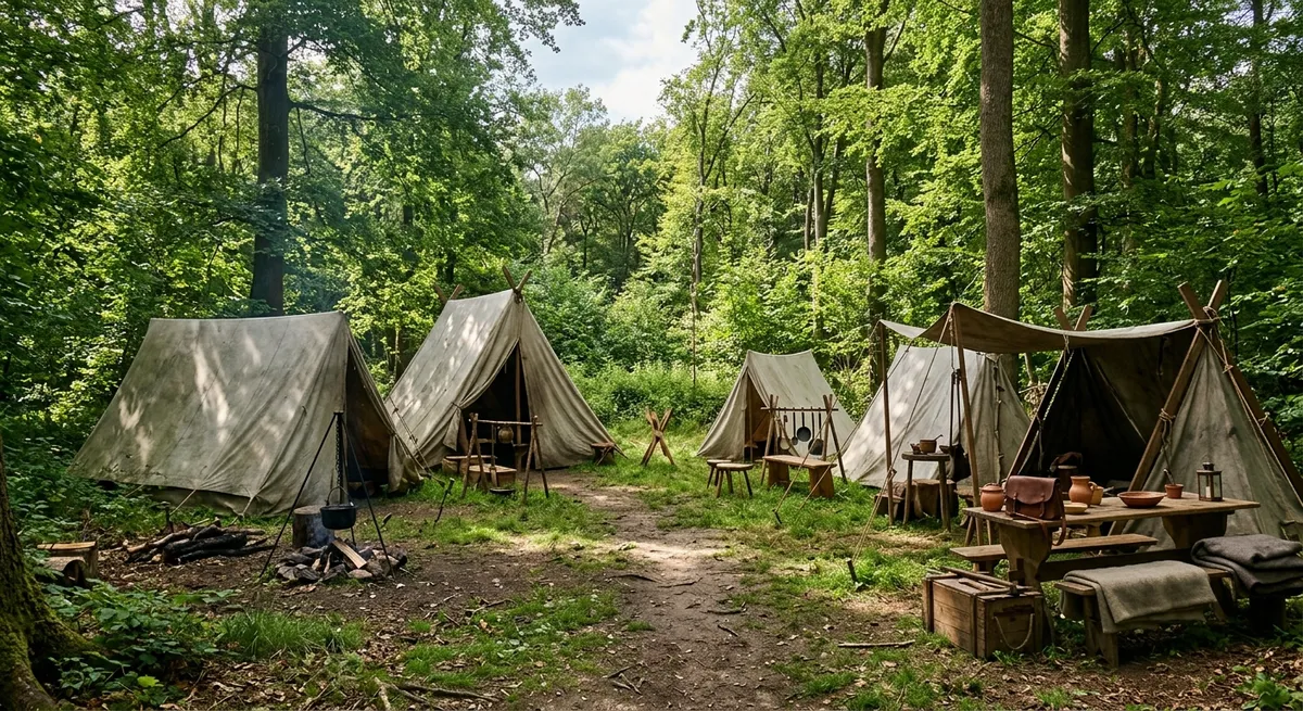 Participantes ataviados con vestimenta medieval en un campamento de rol en vivo en mitad del bosque.