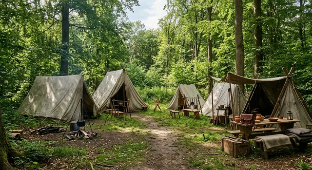 Participantes ataviados con vestimenta medieval en un campamento de rol en vivo en mitad del bosque.