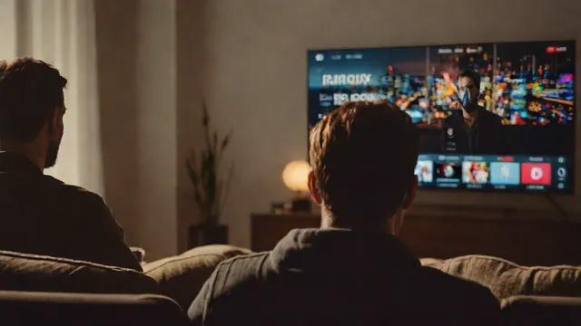 Persona de espaldas en un salón viendo un vídeo en una pantalla grande de televisión.