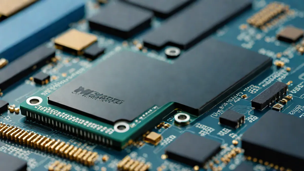 Unidad de almacenamiento SSD M.2 sobre una superficie de trabajo técnica con herramientas de precisión.