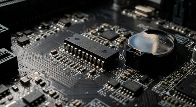 Chip BIOS de un ordenador soldado en la placa base junto a la pila CMOS.