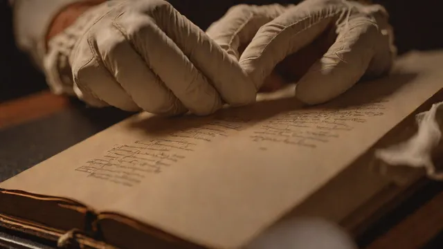 Manos con guantes de protección examinando minuciosamente un libro antiguo sobre una mesa de trabajo de conservación.