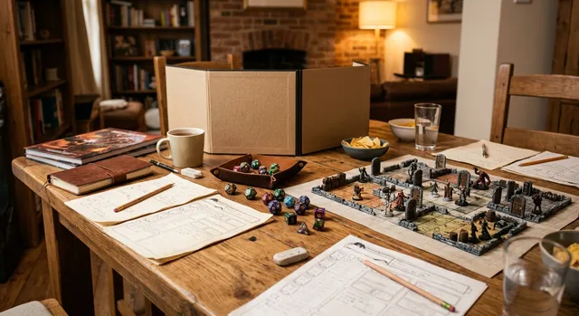 Grupo de personas jugando a un juego de rol en una mesa con dados y fichas en un ambiente acogedor.