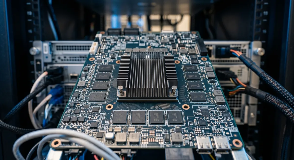 Placa de procesamiento y módulos de memoria física de un servidor de inteligencia artificial.