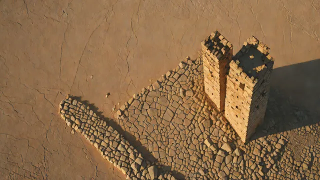 vista aérea abstracta de una torre de piedra con sombras geométricas