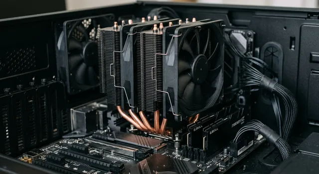 Disipador de aire para procesador instalado en una placa base dentro de una caja de ordenador.