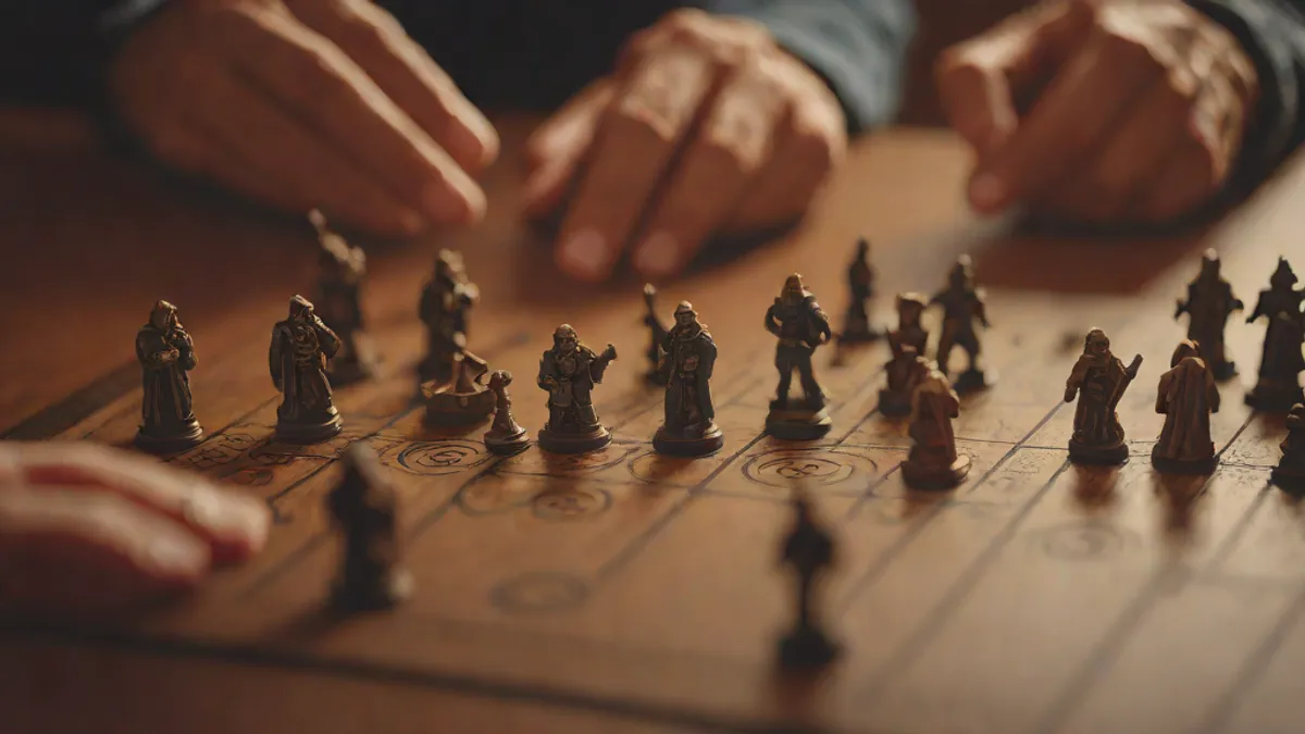 Mesa de juego de rol tradicional con dados poliédricos, pantalla de madera y miniaturas sobre un tablero.