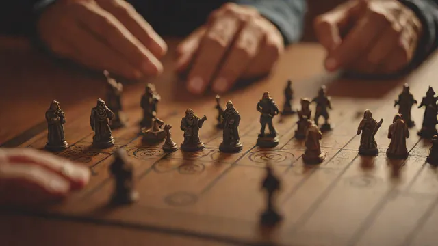 Mesa de juego de rol tradicional con dados poliédricos, pantalla de madera y miniaturas sobre un tablero.