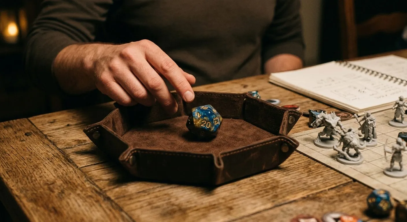 Manos de un director de juego tirando un dado de veinte caras en una bandeja junto a figuras en la mesa.
