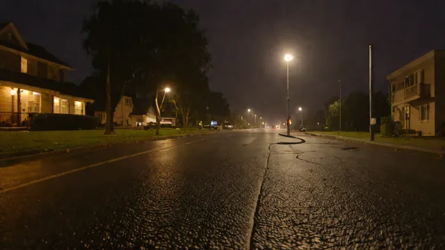 Una calle suburbana desierta por la noche, envuelta en niebla e iluminada por una sola farola.