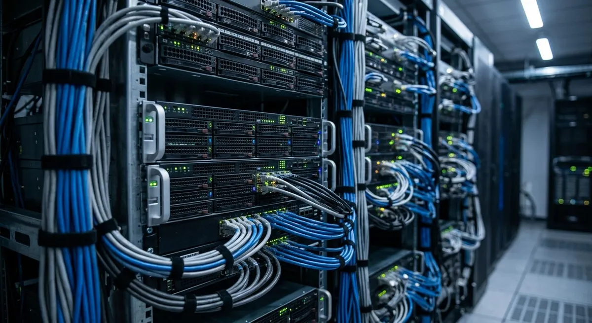 Filas de servidores iluminados con cables ordenados en el interior de un centro de datos.