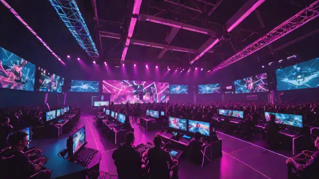 Un estadio repleto de público durante una gran final de torneo de esports con luces led y escenario central.